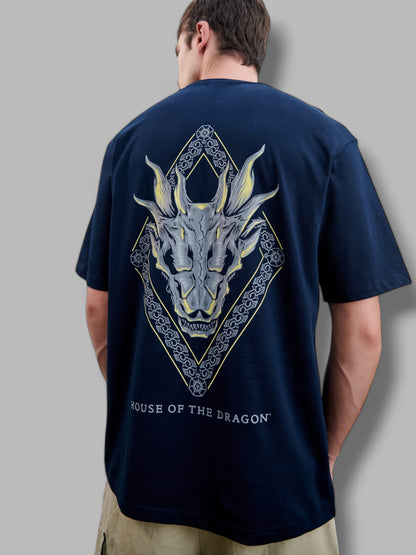 Men's Blue House Of The Dragon Blood Graphic Printed Oversized T-shirt